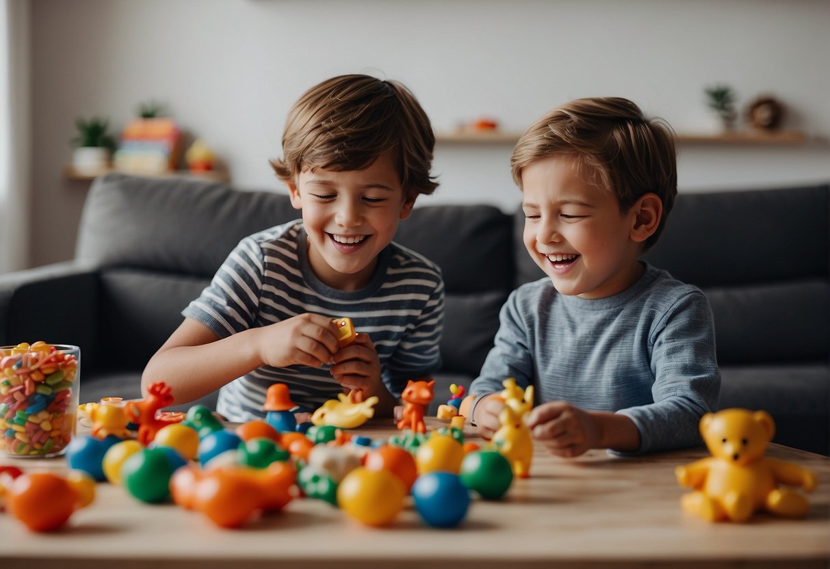 Two boys laughing while playing with toys and games, sharing snacks and engaging in friendly conversations