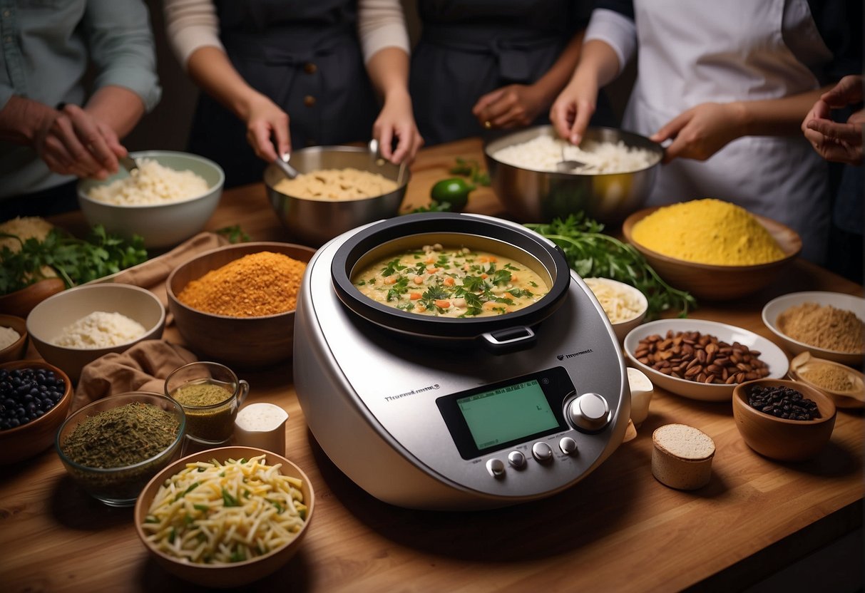 A group of diverse individuals gather around a Thermomix, exchanging cooking tips and recipes, with smiles on their faces. The Thermomix takes center stage, surrounded by various cooking ingredients and utensils, creating a warm and inviting atmosphere