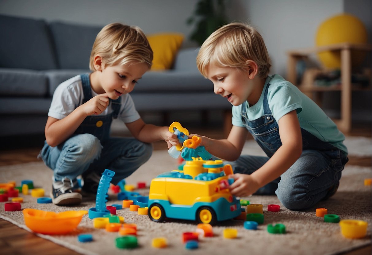 Two boys are cleaning up toys and games after a fun play date, putting them back in their designated spots