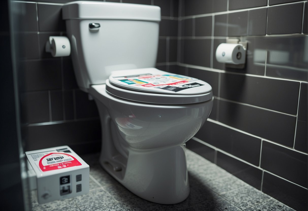 A toilet bowl with promotional stickers and price tags in a Singaporean bathroom