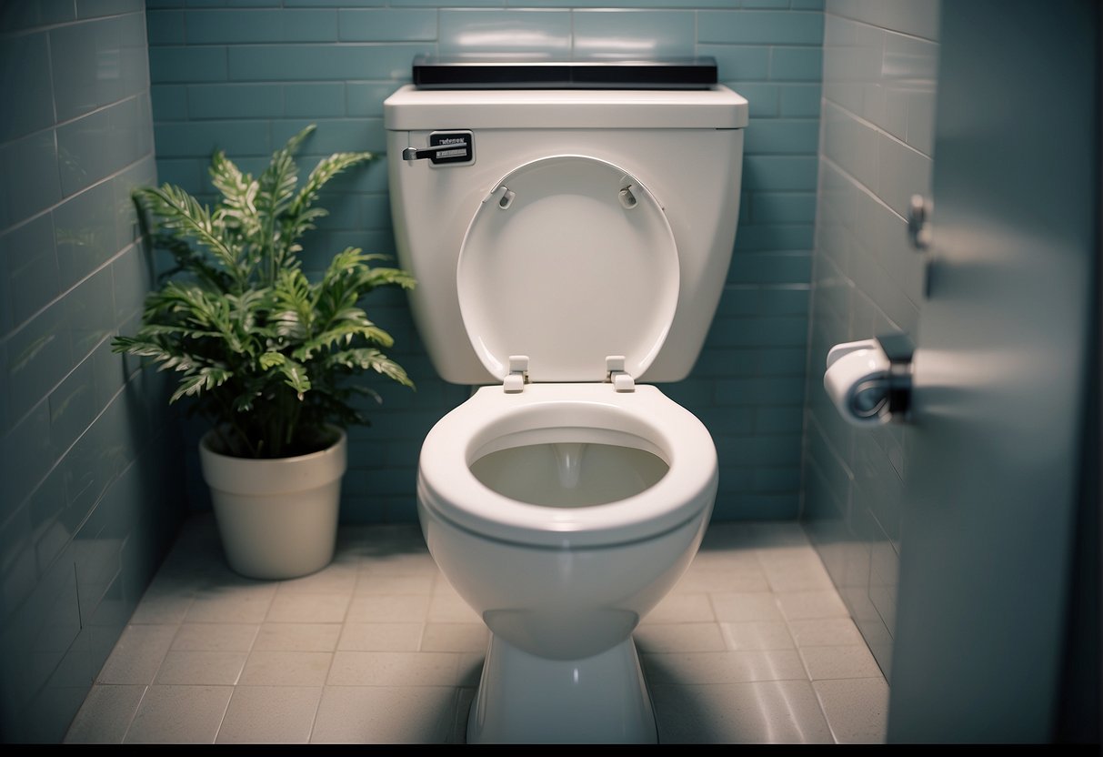 A sparkling clean toilet bowl with a bright "Promotion Highlights" sign in a Singaporean bathroom