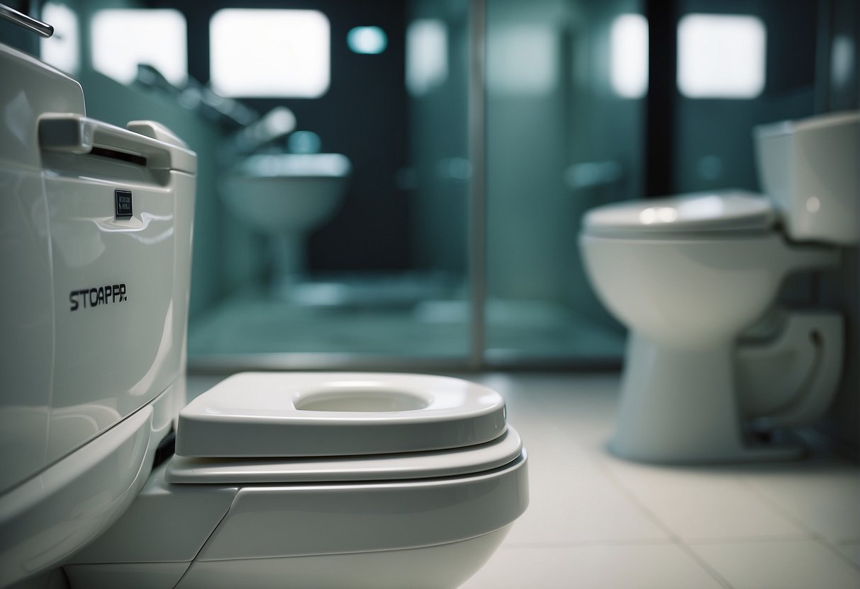 A toilet bowl with promotional signage in a Singaporean bathroom