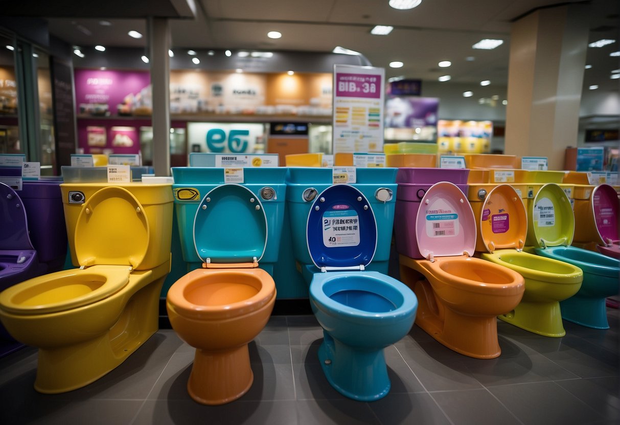 A colorful display of toilet bowl promotions in Singapore, with various brands and discounts showcased
