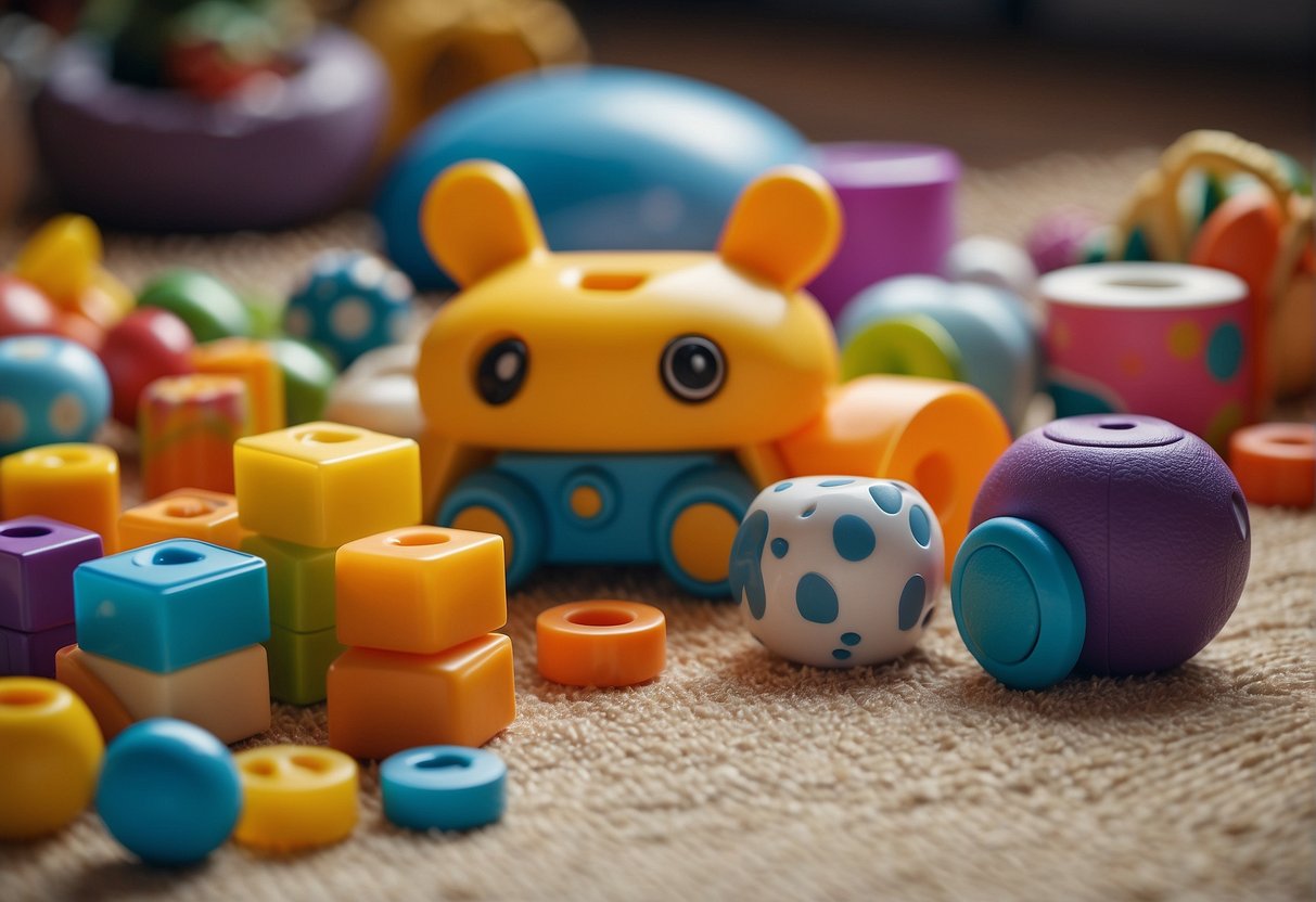 Colorful toys scattered on a soft rug, with a small table set for snacks and crafts, surrounded by cheerful, child-friendly décor