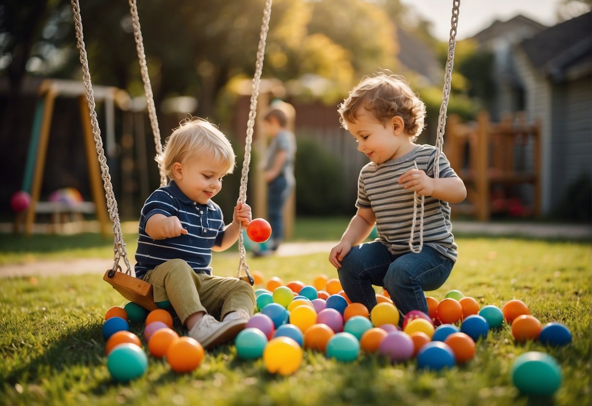 Toddlers playing with colorful balls, building blocks, and riding toy cars in a sunny backyard with a swing set and a small slide