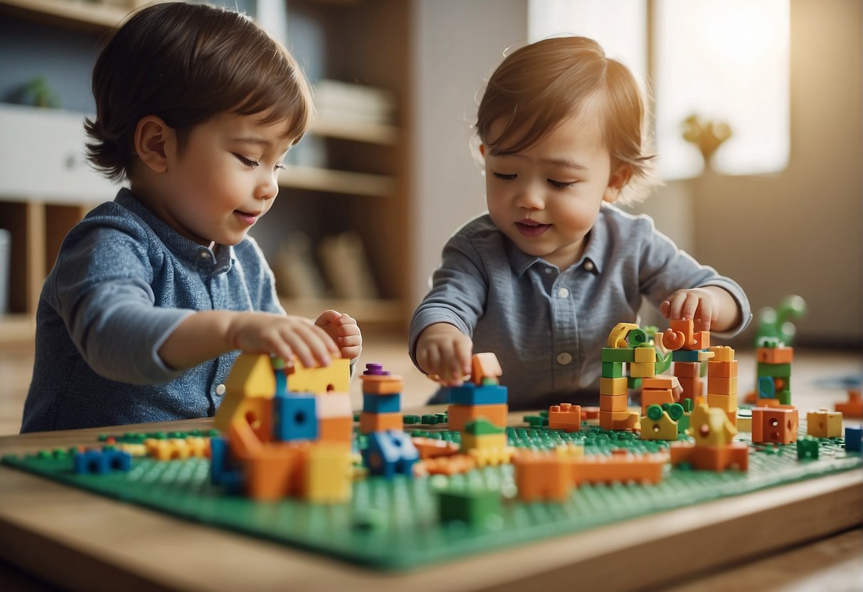 Toddlers engaged in educational games, building blocks, puzzles, and interactive play