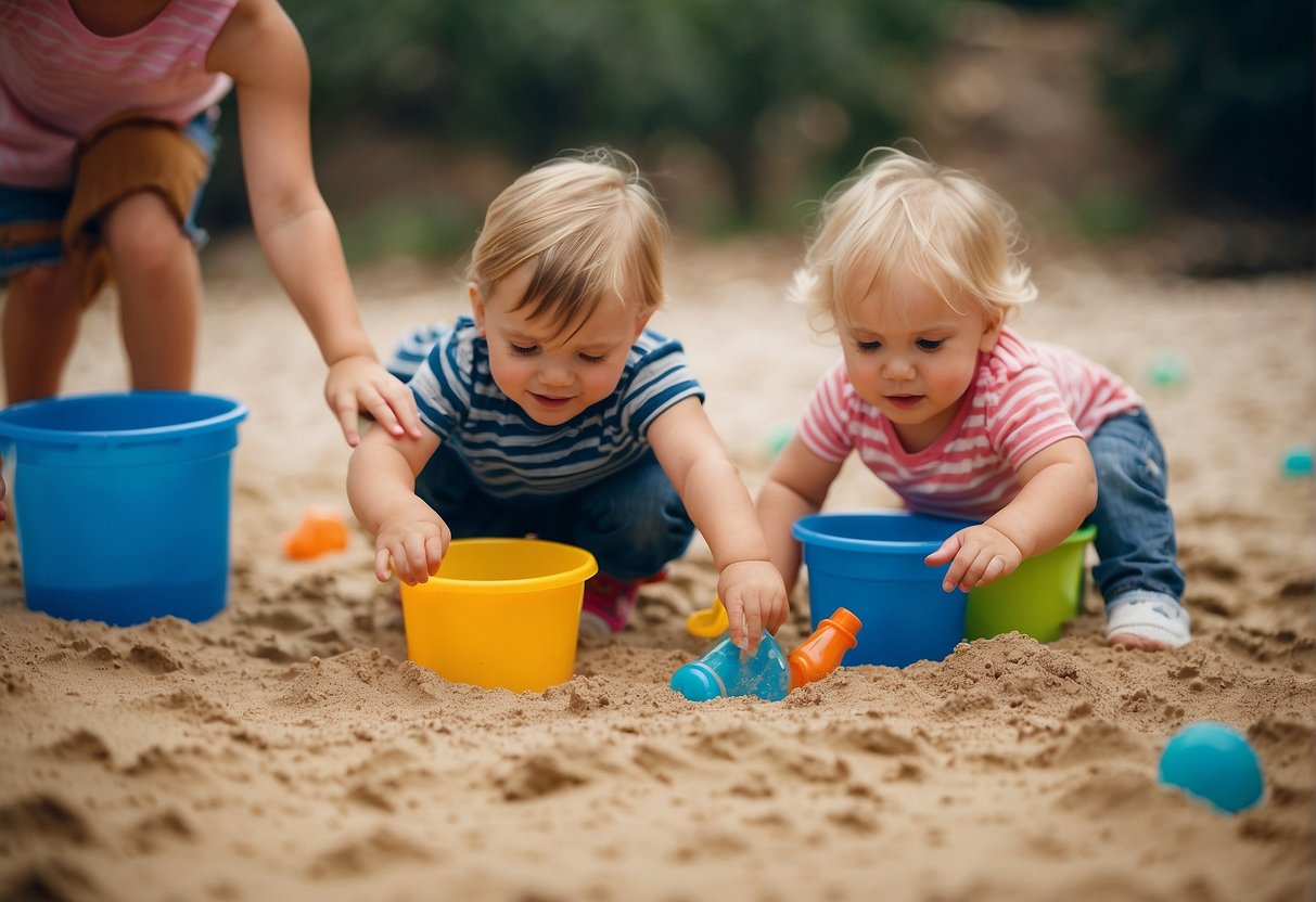 Toddlers engage in sensory play with colorful bins of water, sand, and textured materials, exploring with curiosity and delight