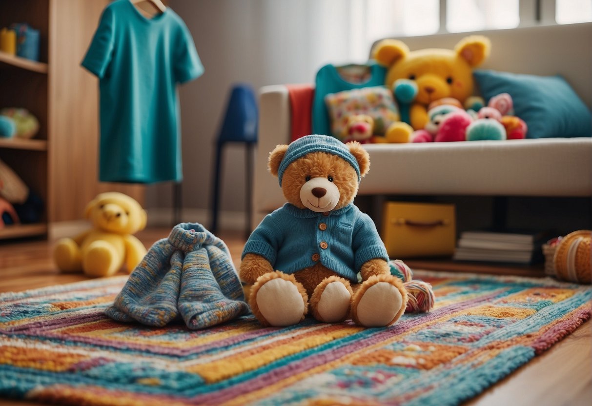 Children's clothes scattered on a colorful rug, with a toy box in the background and a small table set for snacks