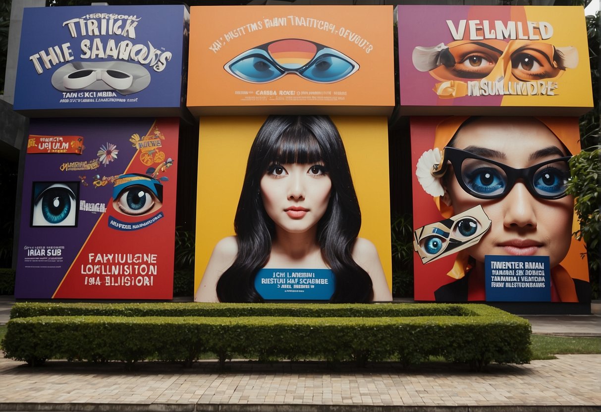 Colorful signs and banners advertise the Trick Eye Museum in Singapore, featuring optical illusions and 3D artwork