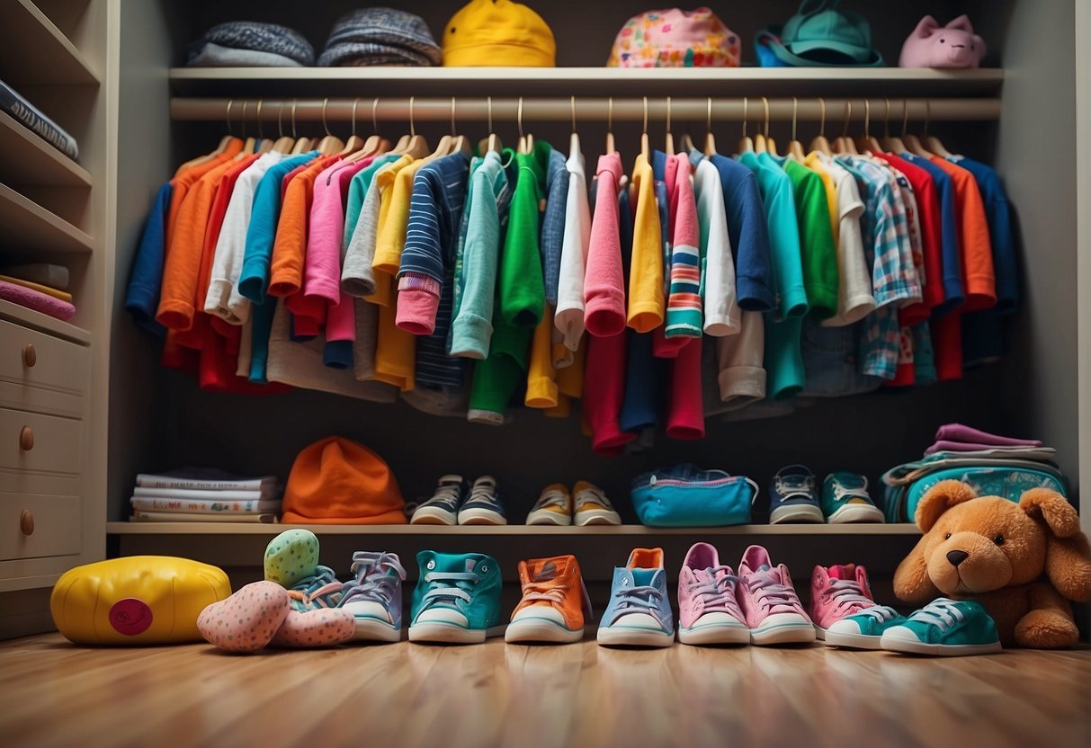 A child's closet with colorful, comfortable clothes, including t-shirts, shorts, and sneakers. Toys and books scattered on the floor