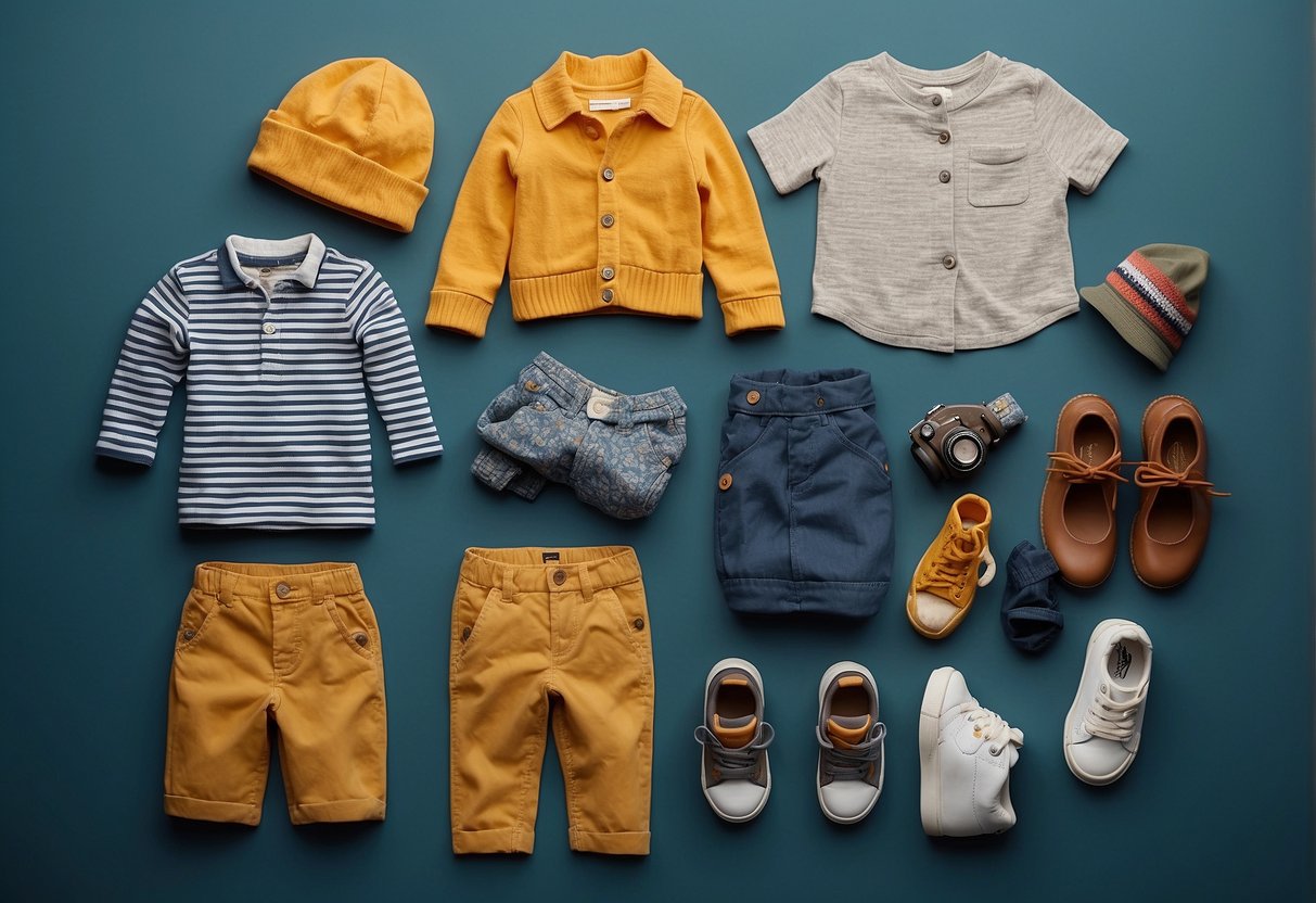 Children's clothing laid out neatly on a table, including casual play clothes, dressier options, and outdoor attire. Accessories like hats, sunglasses, and shoes are also displayed