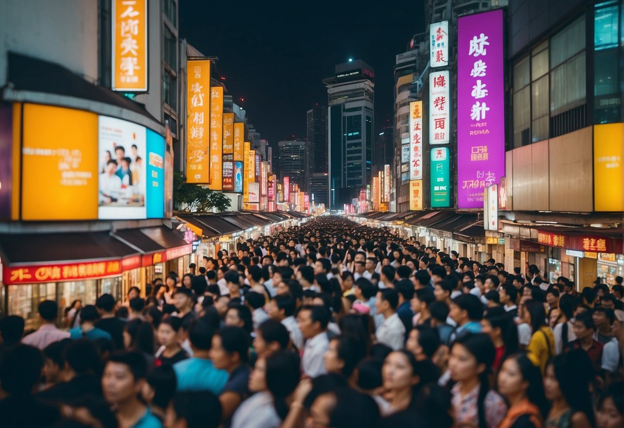 A bustling city street with vibrant signage and bustling crowds in Singapore