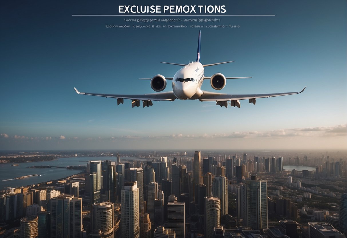 A plane flying over a city skyline with a banner reading "Exclusive 2024 Promotions on Flights and Accommodations via com promotions singapore" displayed prominently