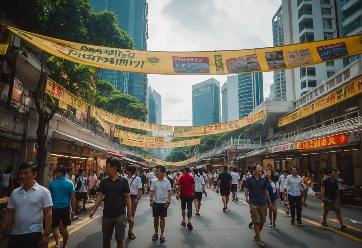 A bustling street in Singapore with colorful Vpost promotions banners hanging from buildings and people walking by