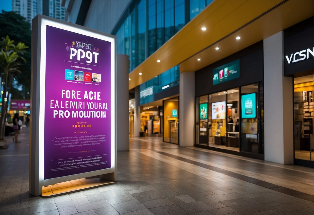 A vibrant display of promotional posters and banners for vpost promotions in Singapore. Bright colors and bold text catch the eye