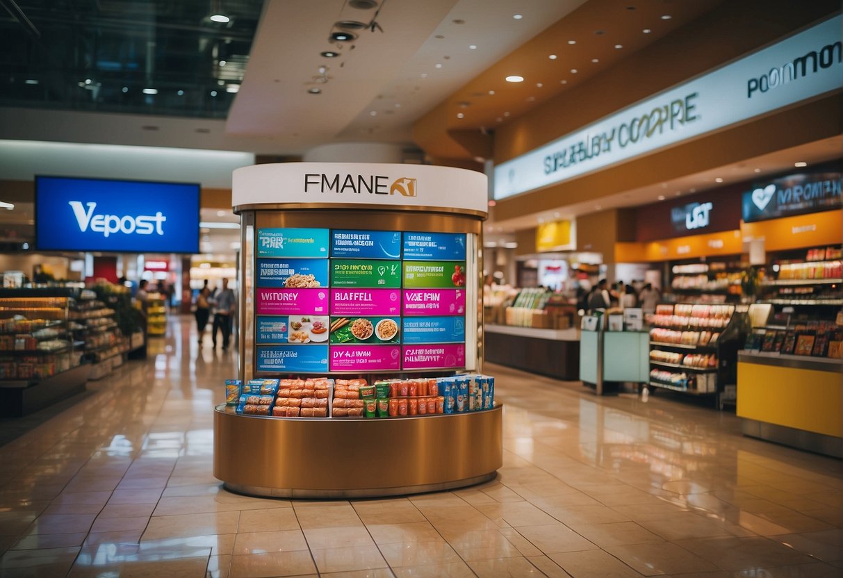 A vibrant display of vpost promotions in a Singaporean shopping center, featuring eye-catching signage and enticing product offers