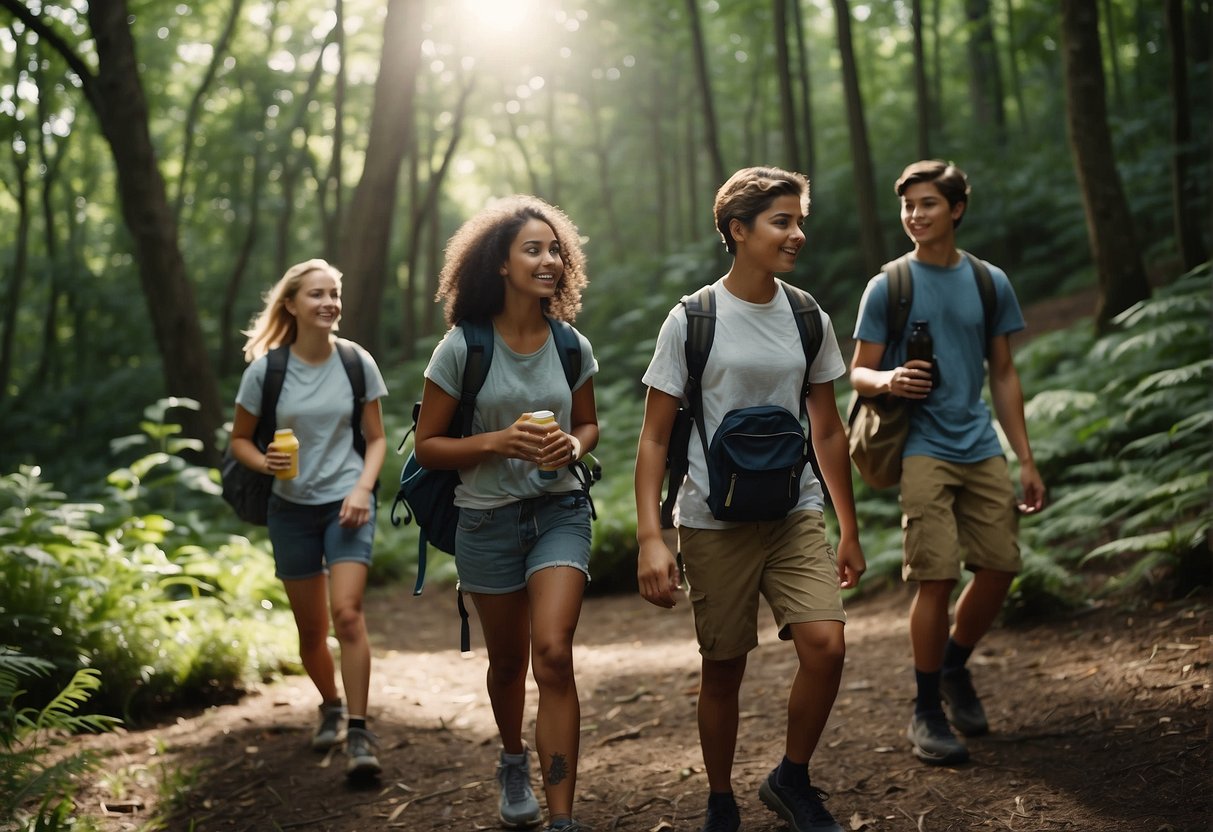 A group of teens hike through a lush forest, carrying backpacks and water bottles. They stop at a clearing to set up a picnic and play games