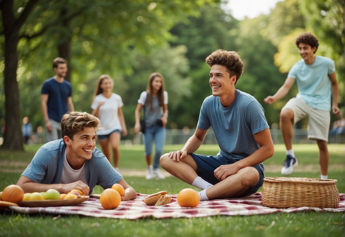 Teenagers playing basketball and soccer in a park, with a picnic blanket and healthy snacks nearby. Laughter and friendly competition fill the air