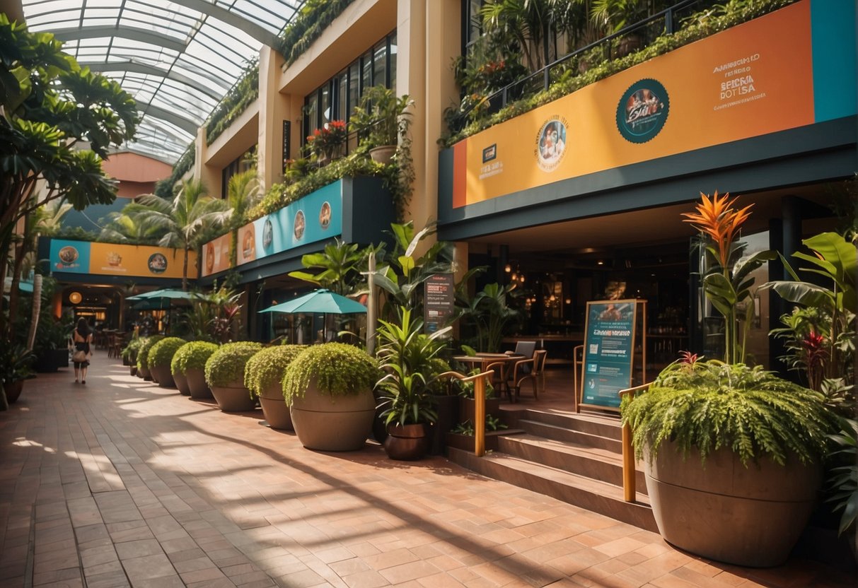 A vibrant scene of Resort World Sentosa in Singapore, with colorful promotional banners and signs displayed throughout the resort