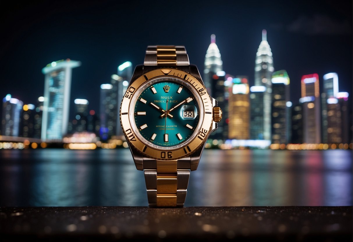 A luxurious Rolex watch displayed against the backdrop of Singapore's iconic skyline, with vibrant city lights and modern architecture