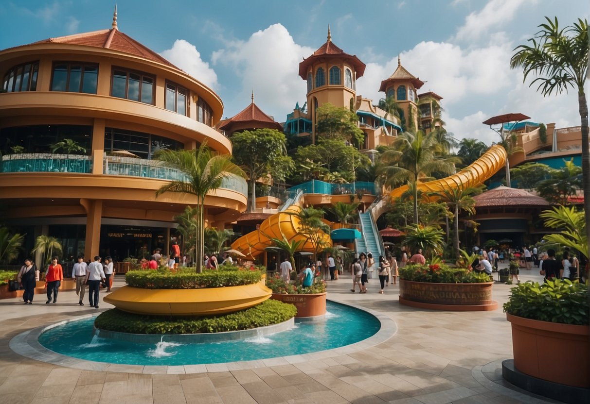 A vibrant, bustling scene at Resort World Sentosa, Singapore, showcasing the latest promotions and activities