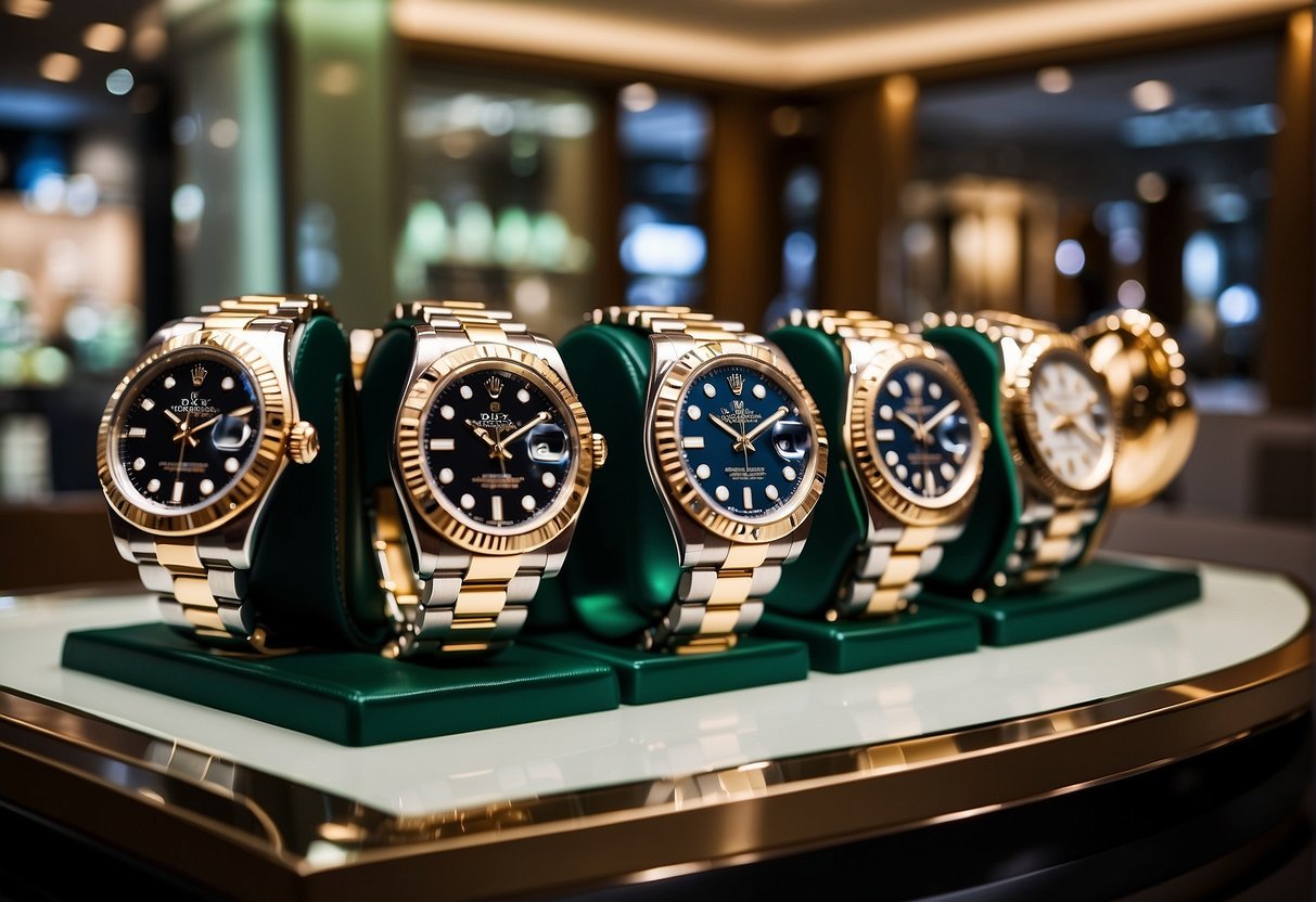 A luxurious display of Rolex watches in a sleek Singaporean boutique, adorned with promotional banners and elegant lighting