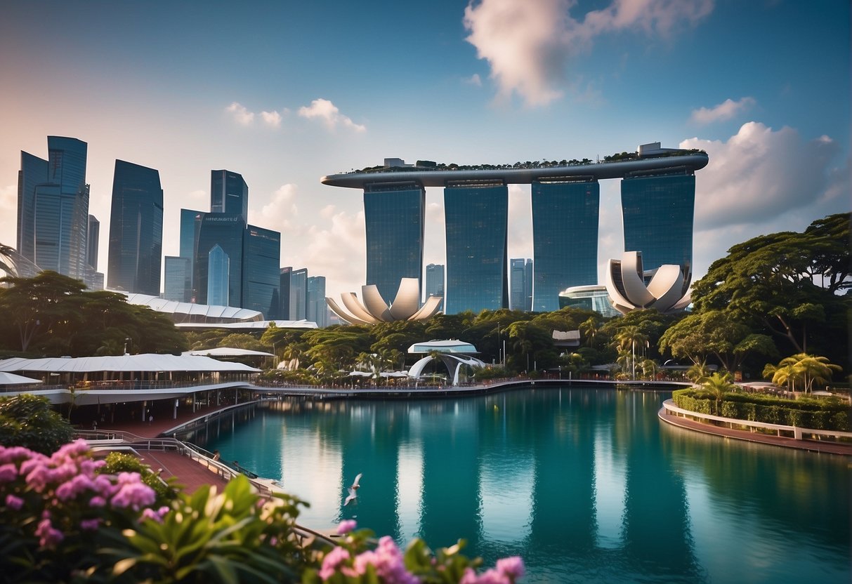 A bustling resort world with colorful attractions and thrilling experiences, set against the backdrop of vibrant promotions in the lively city of Singapore