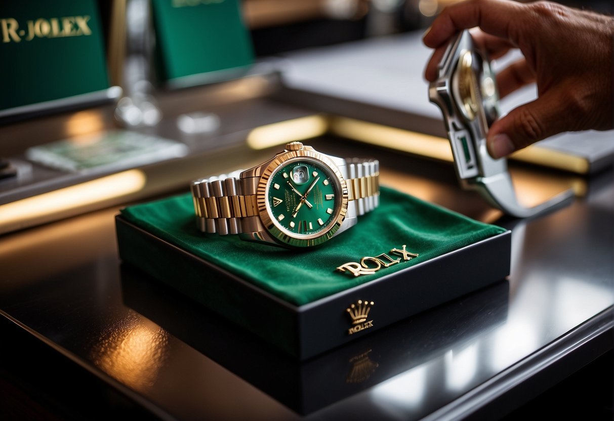 A hand reaches for a polishing cloth, while a Rolex watch sits on a luxurious display stand. A logo of "Rolex promotions Singapore" is visible in the background