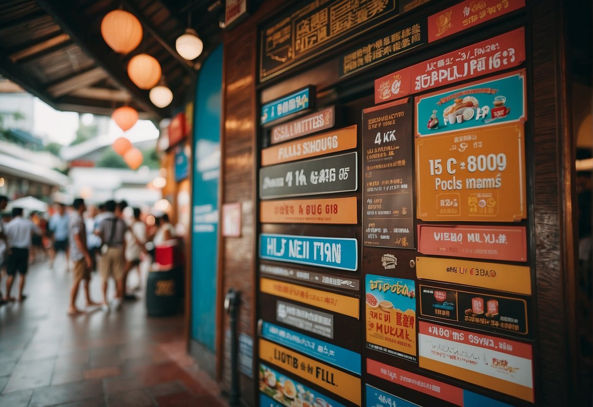 A bustling resort with colorful promotions signs in Singapore
