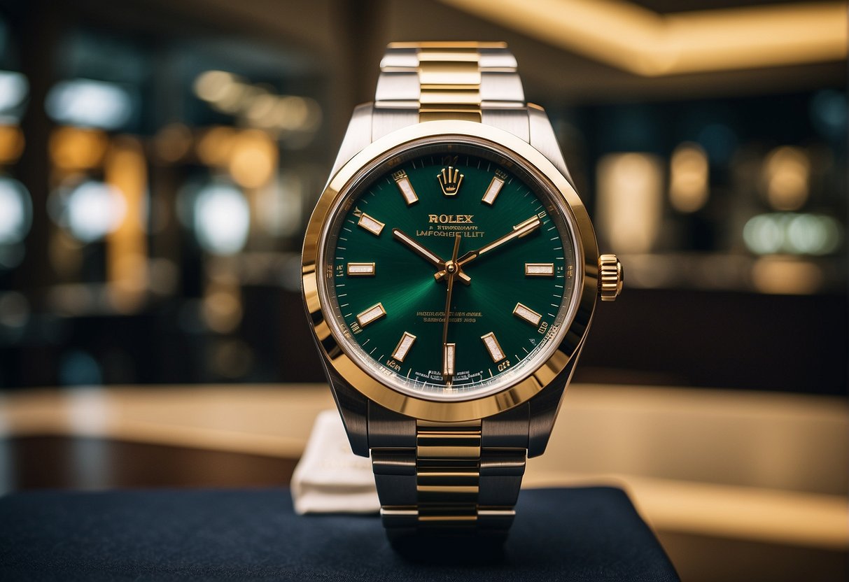 A luxurious Rolex watch displayed with a promotional banner in a bustling Singapore store