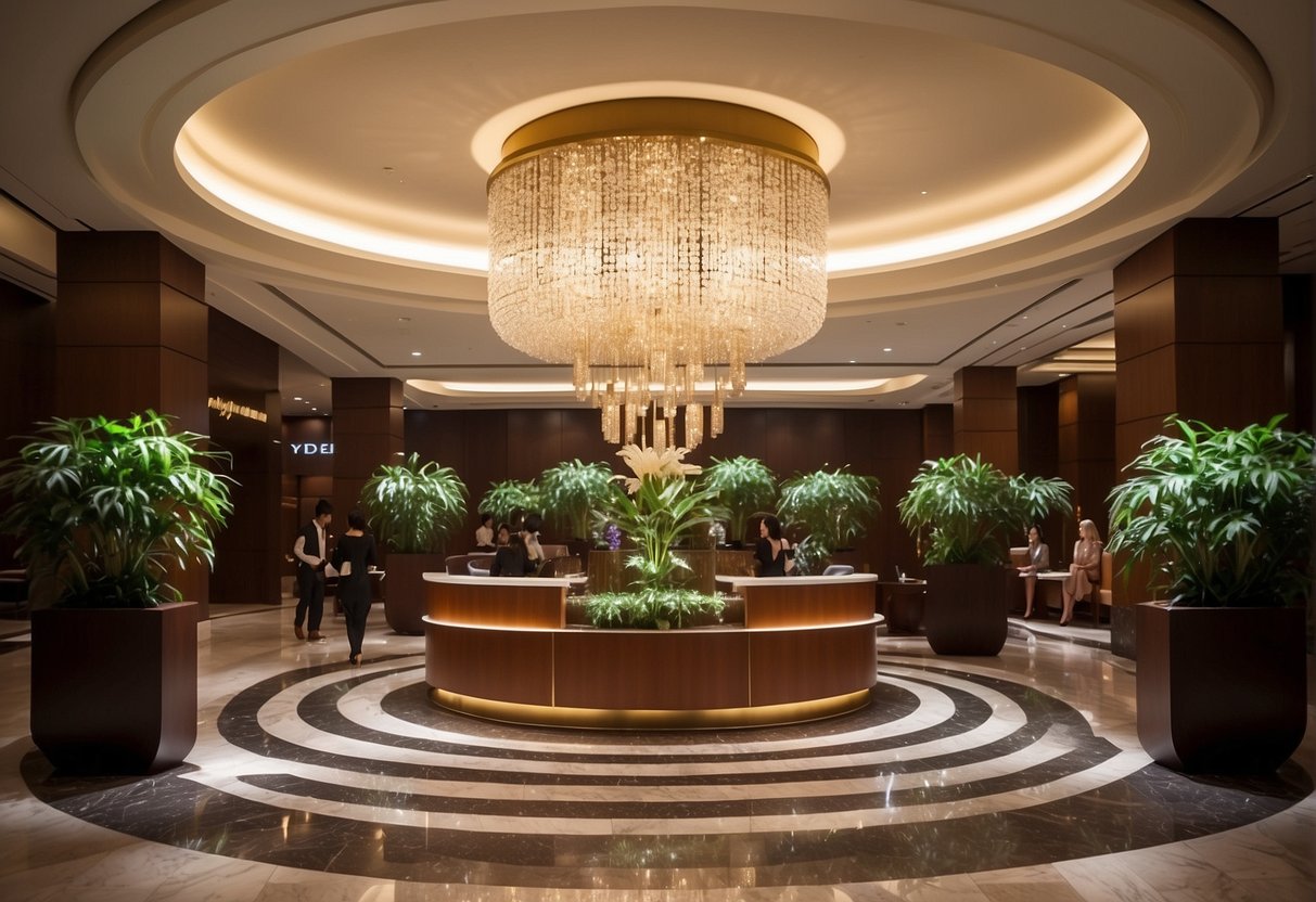 The lobby of MBS hotel in Singapore buzzes with activity as staff provide enhanced guest services, promoting exclusive hotel promotions to arriving guests