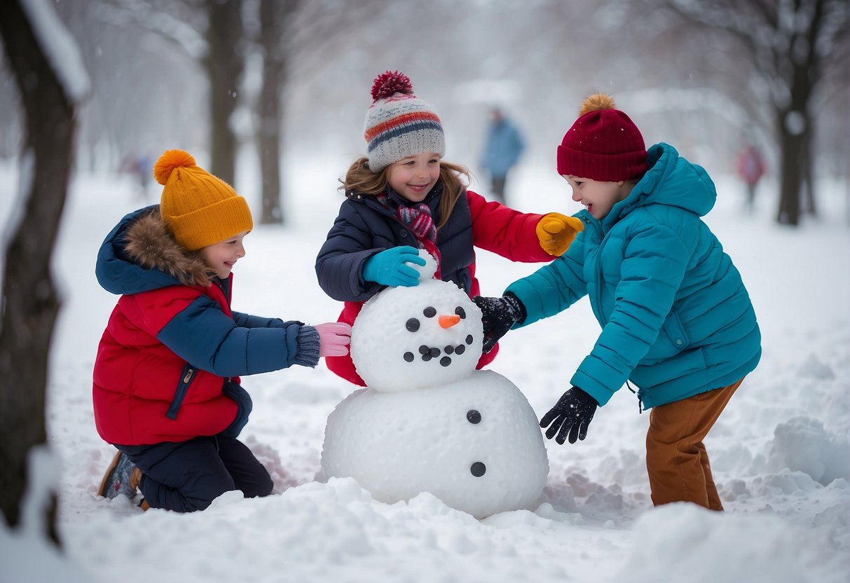 Children building snowmen and having snowball fights in a snowy playground, with colorful winter clothes and happy expressions