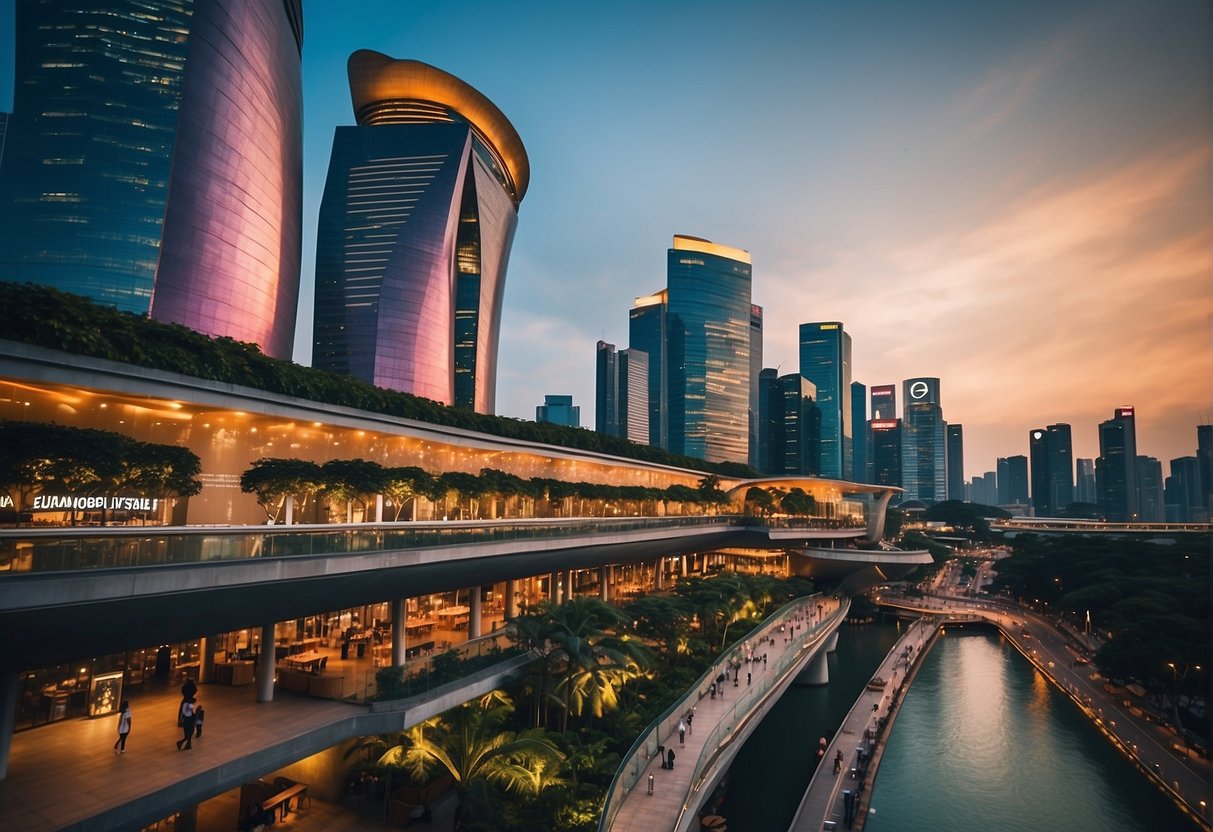 Vibrant cityscape with iconic landmarks, bustling streets, and colorful advertisements for promotions in Singapore