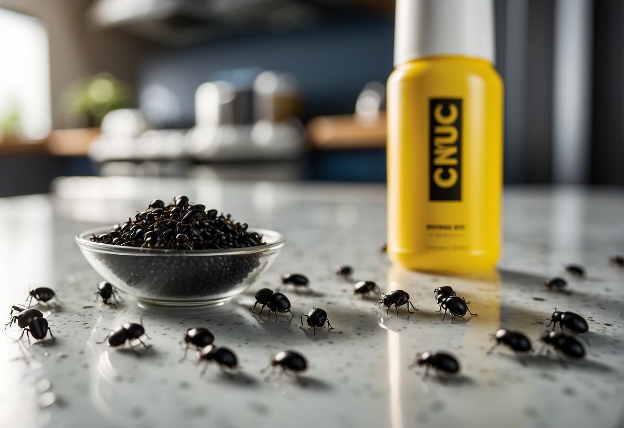 Tiny black bugs scatter across a kitchen counter and floor, invading food and surfaces. A can of bug spray sits nearby