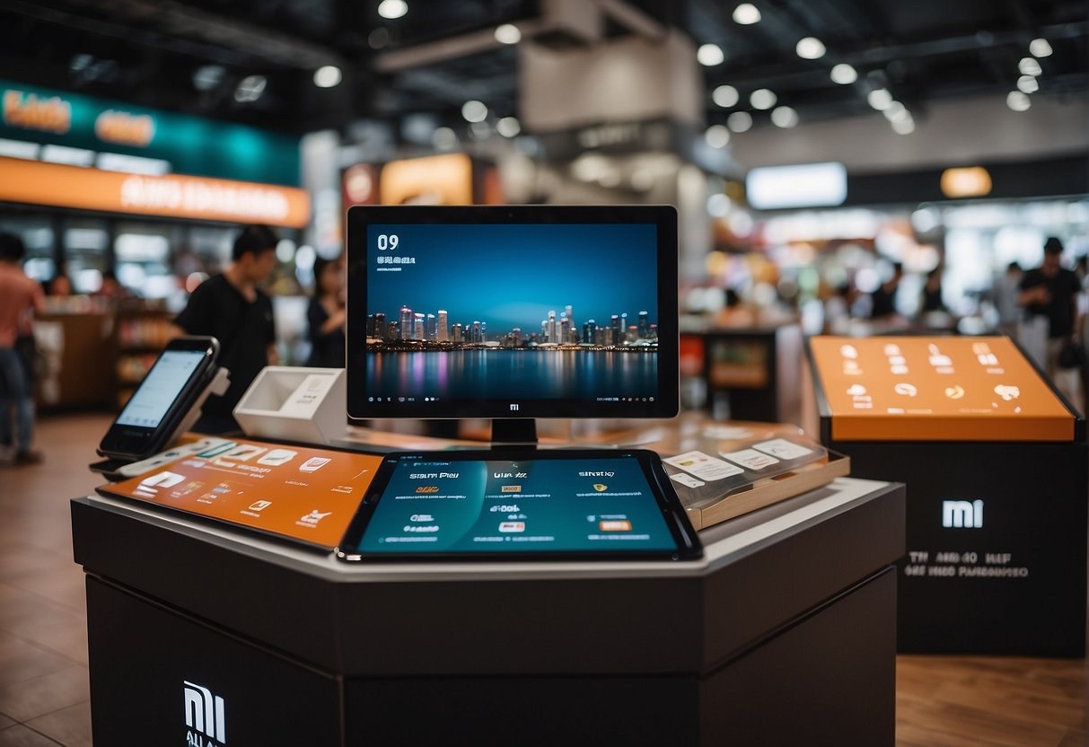 A vibrant display of Xiaomi products with promotional signs in a bustling Singaporean market