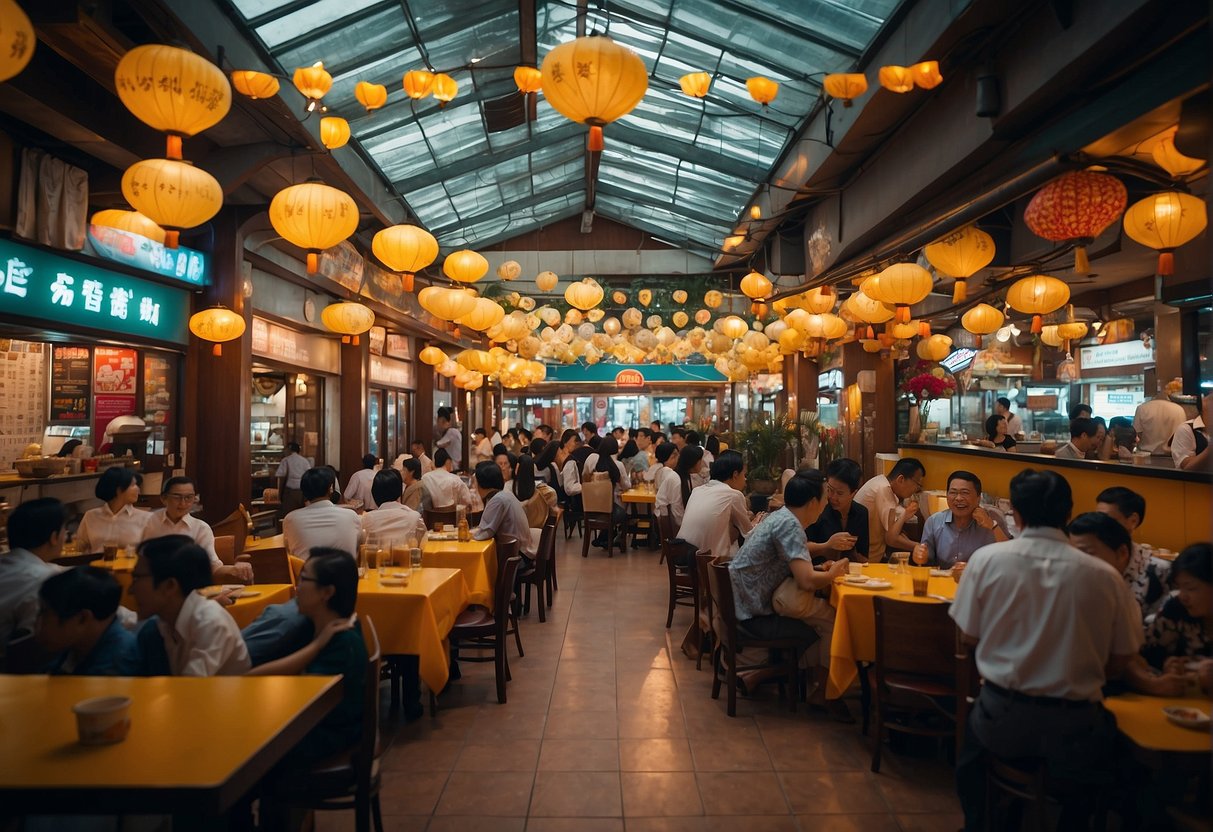 A bustling restaurant with colorful banners and a lively atmosphere, showcasing the Momo Paradise promotions in Singapore