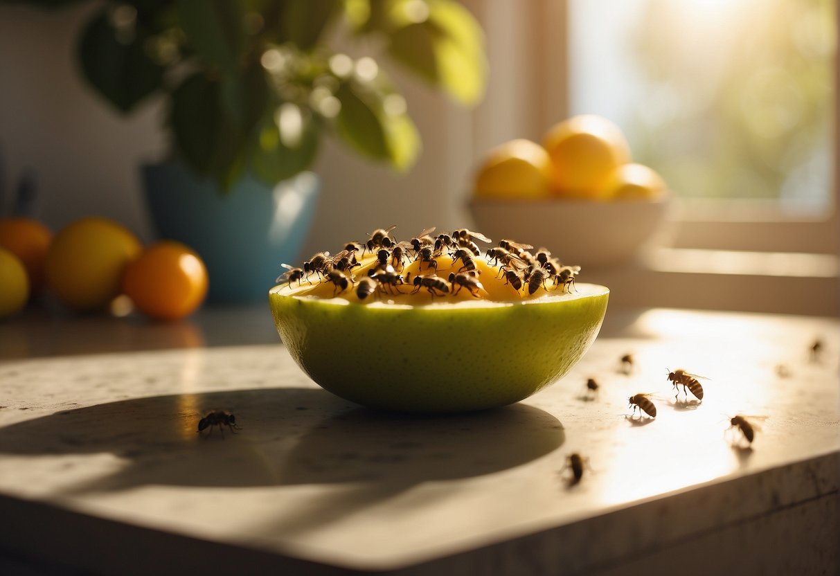 Tiny flies buzz around a fruit bowl in a sunlit kitchen. They land on overripe bananas and swarm near a trash can
