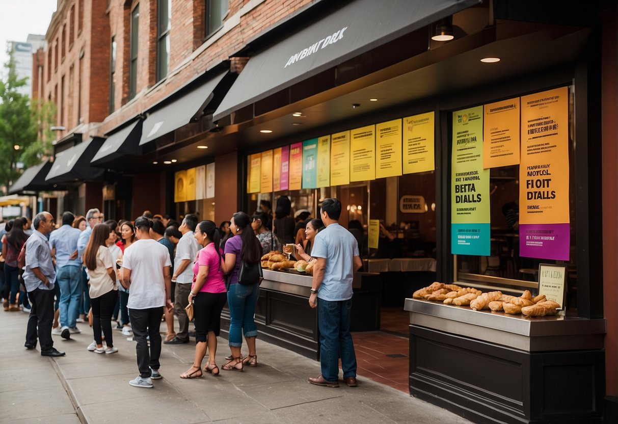 Colorful banners adorn the restaurant entrance, showcasing tantalizing dishes. A crowd of eager diners lines up outside, enticed by the promise of exclusive dining deals