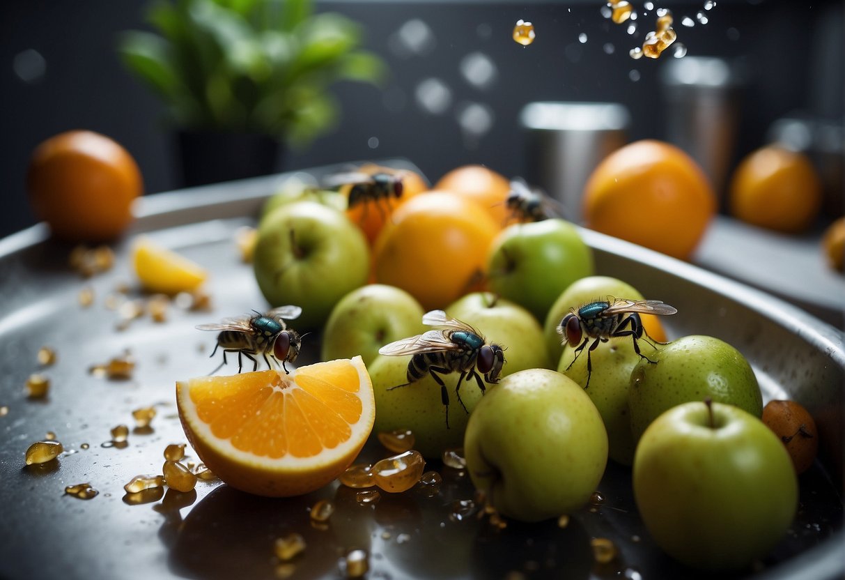 Small flies swarm around overripe fruit and near trash cans in the kitchen. A few linger near the sink and damp areas