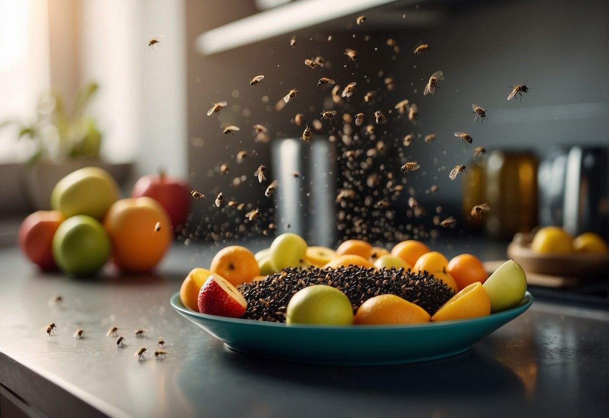 Tiny flies swarm around fruit bowl and trash can in cluttered kitchen. Fly swatter and insect spray sit on counter
