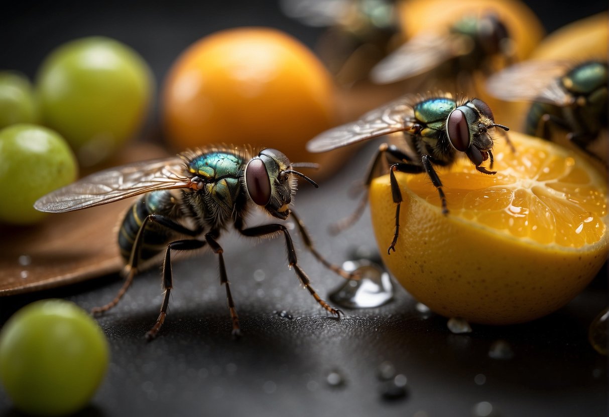 Tiny flies swarm around a kitchen, buzzing near fruit bowls and trash cans. They are small, with translucent wings and dark bodies