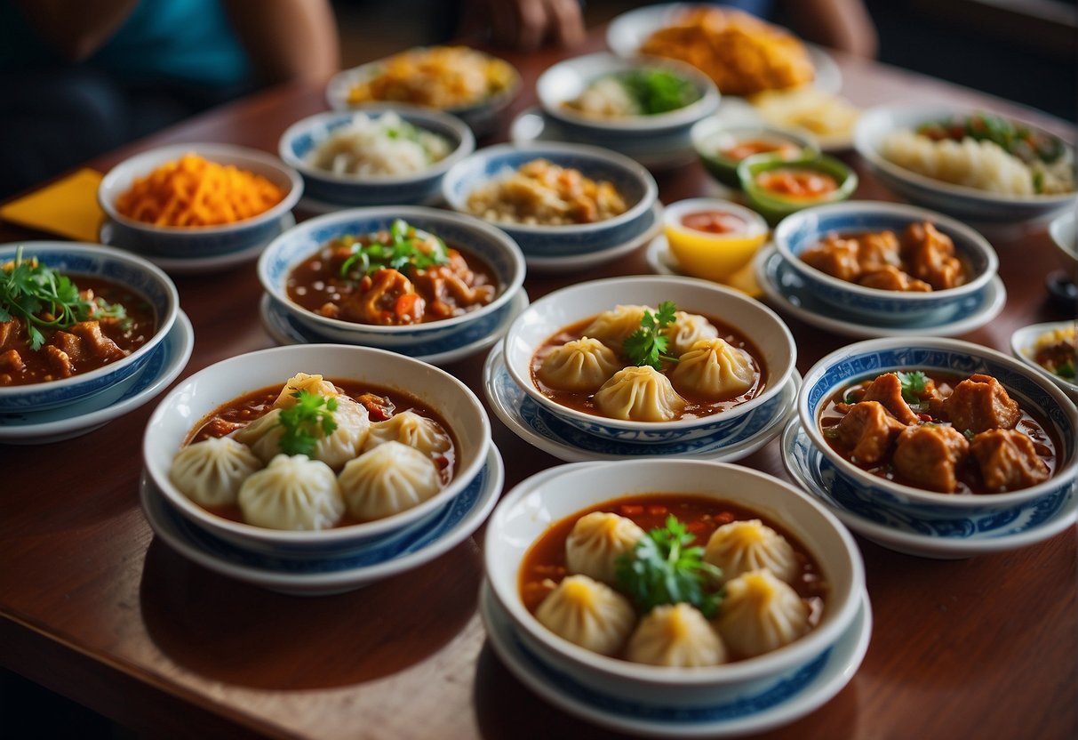 A table filled with colorful plates of momos and promotional signs at Momo Paradise in Singapore. Customers enjoy their meals while taking advantage of the savings