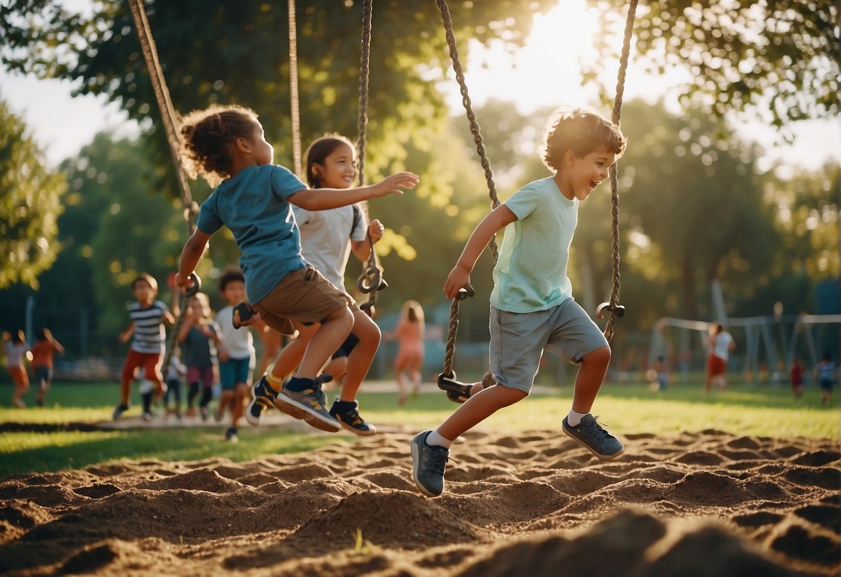 Children playing on a playground with swings, slides, and a sandbox, surrounded by trees and grassy areas. A group of kids running, climbing, and laughing