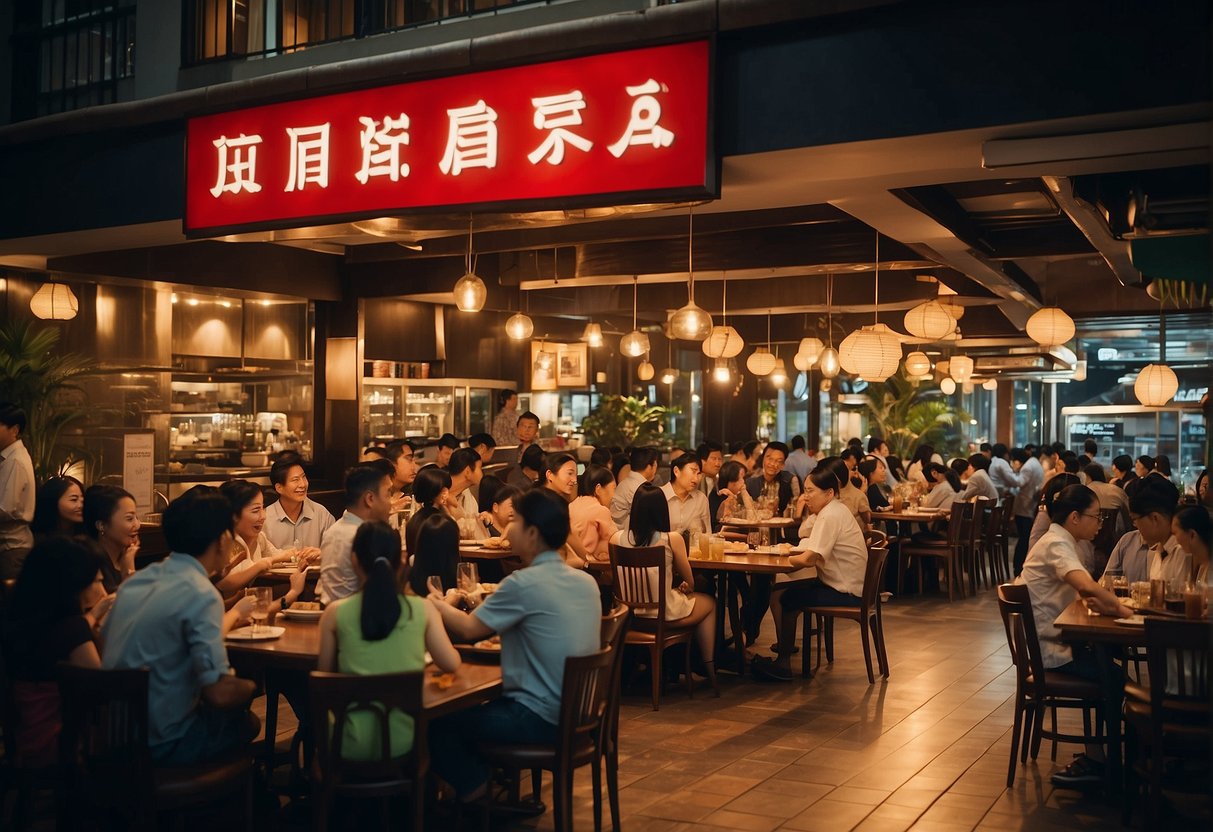 A crowded restaurant with a sign reading "Frequently Asked Questions Momo Paradise Promotions Singapore" above the entrance. Tables filled with diners enjoying hotpot meals