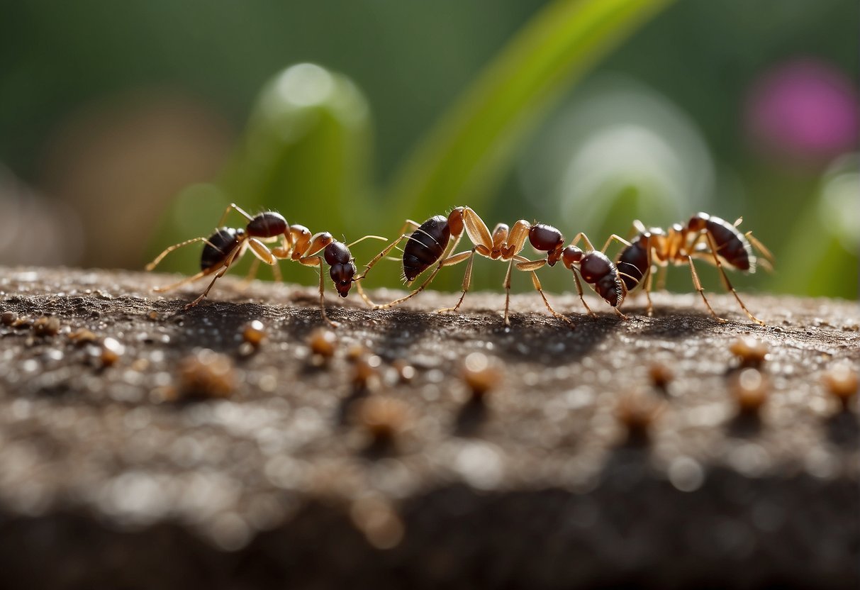 Tiny ants march in a straight line, following a scent trail to a food source. Some carry food back to their nest, while others tend to the queen and her eggs
