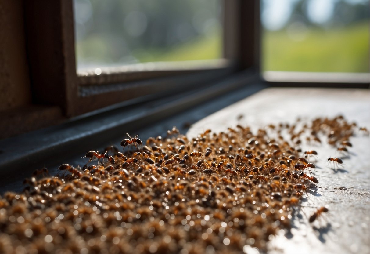 Small ants swarm around spilled sugar near a kitchen window. A trail leads from the window to a crack in the wall