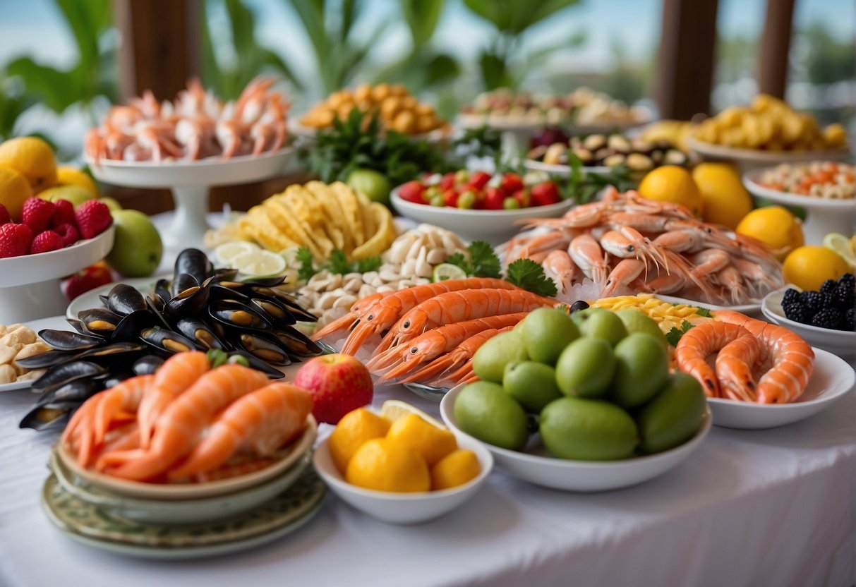 A colorful seafood buffet spread with a variety of fresh fish, shellfish, and crustaceans displayed on ice, surrounded by vibrant tropical fruits and decorative garnishes