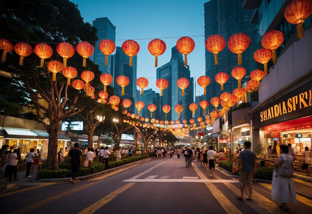 A bustling city street lined with colorful banners and signs advertising Shangri-La promotions in Singapore. The bright lights and vibrant energy of the city create a lively atmosphere