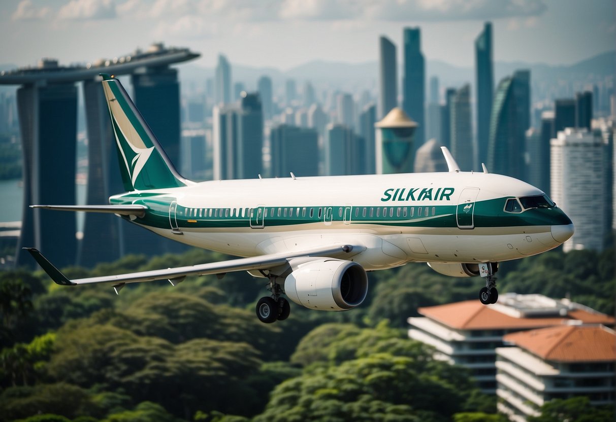 A vibrant SilkAir plane soaring over iconic Singapore landmarks, with a backdrop of the city's skyline and lush greenery