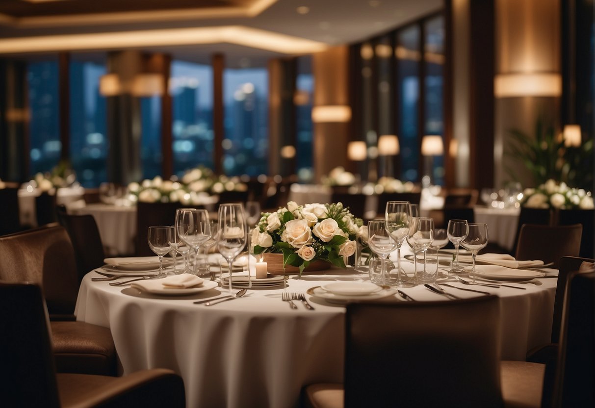 A luxurious dining scene at Shangri-La Singapore with elegant table settings, exquisite cuisine, and a warm, inviting ambiance